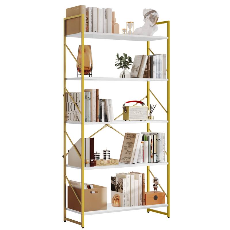 5 Tiers Wood Gold Bookshelf Modern Wide Bookcase Large Book Storage Rack White Gold - White