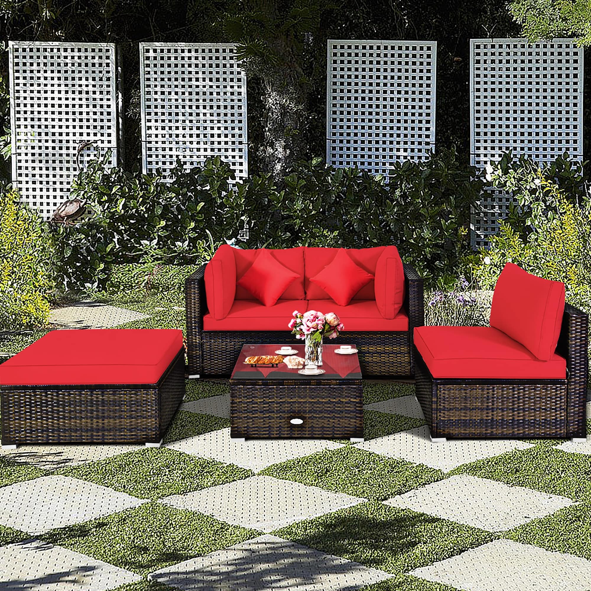 Costway 5PCS Outdoor Patio Rattan Furniture Set Sectional Conversation - See Description