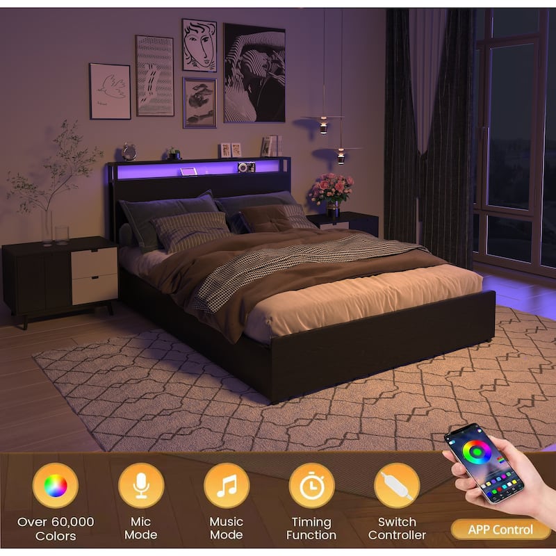 Queen Bed Frame with Storage Headboard, Charging Station, LED Lights, and Easy Assembly