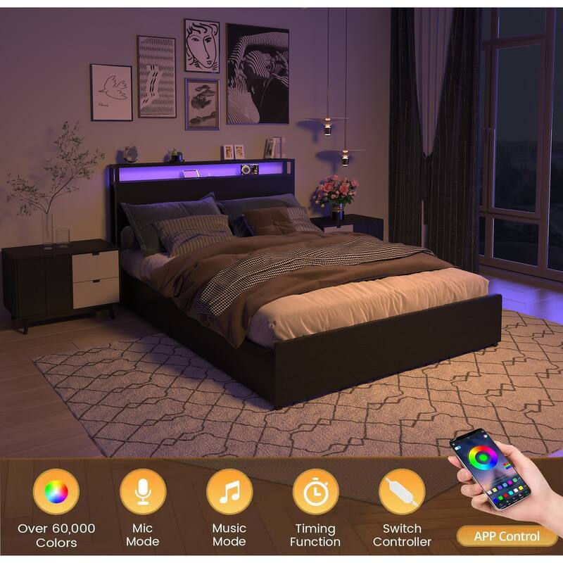 Storage Bed with 4 Drawers, Platform Bed with LED Lights and Storage Headboard Built-in Charging Station