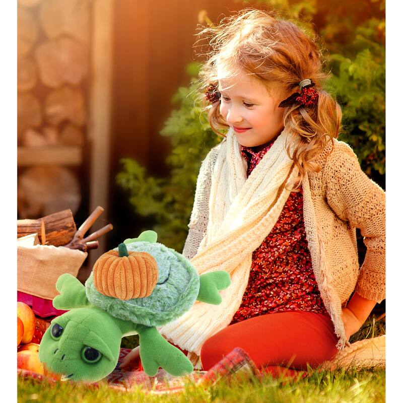 DolliBu Super Soft Sea Turtle Stuffed Animal with Pumpkin Decor - 11 inches