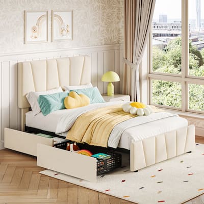 Twin Size Bed Frame with Adjustable Headboard and 2 Storage Drawers
