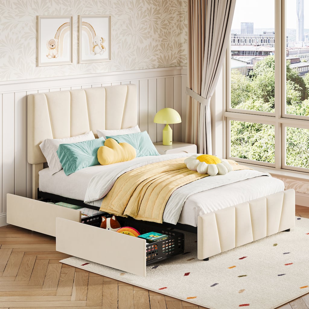 Twin Size Bed Frame with Adjustable Headboard and 2 Storage Drawers