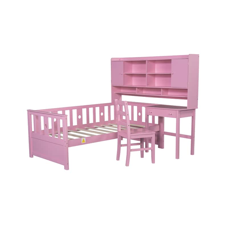 Pink Twin Size Multifunctional Wood Platform Bed with Bookshelf,Built-in Desk and Matching Chair