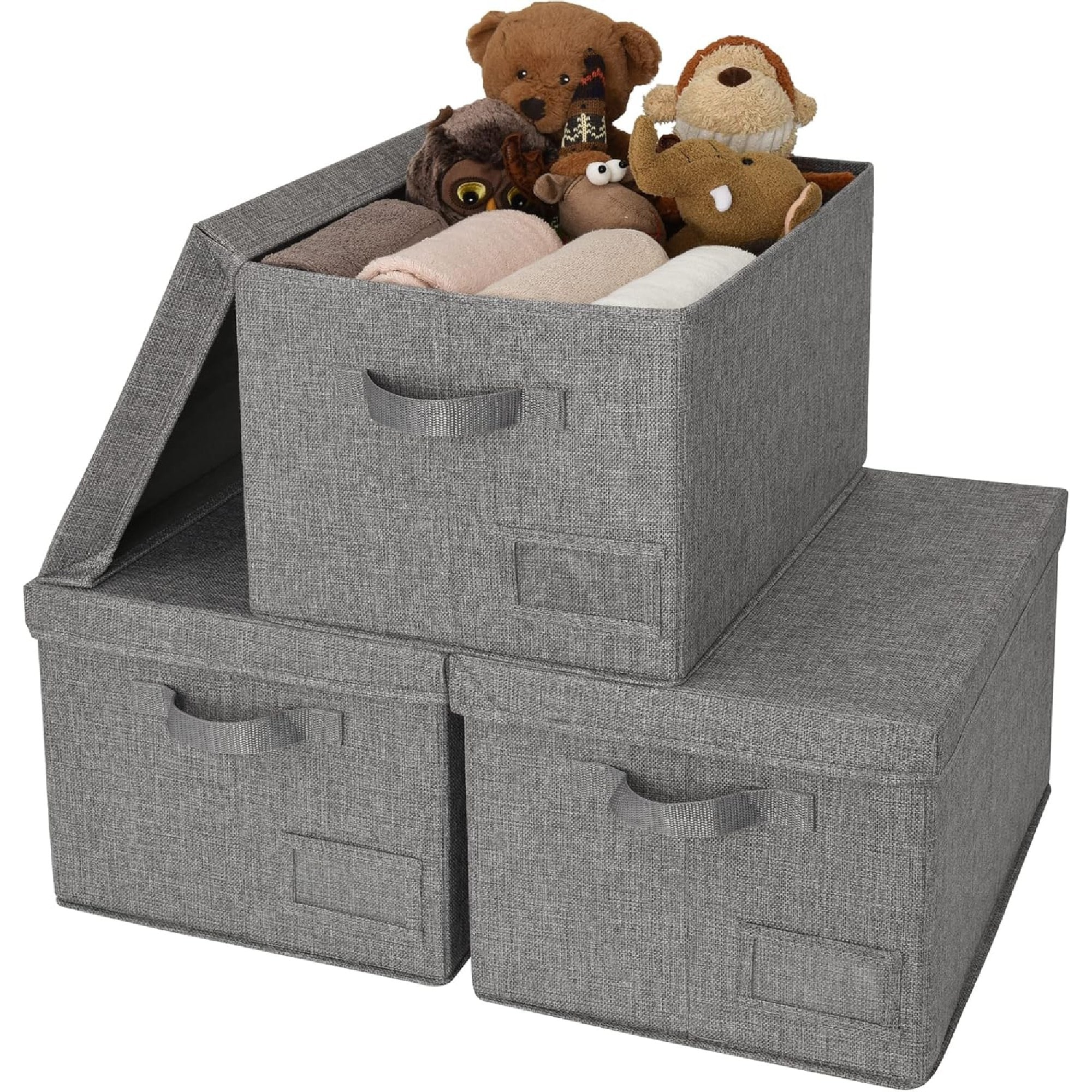 Fabric Storage Bins with Lids & Label Holder, Stackable Design, Set of 3