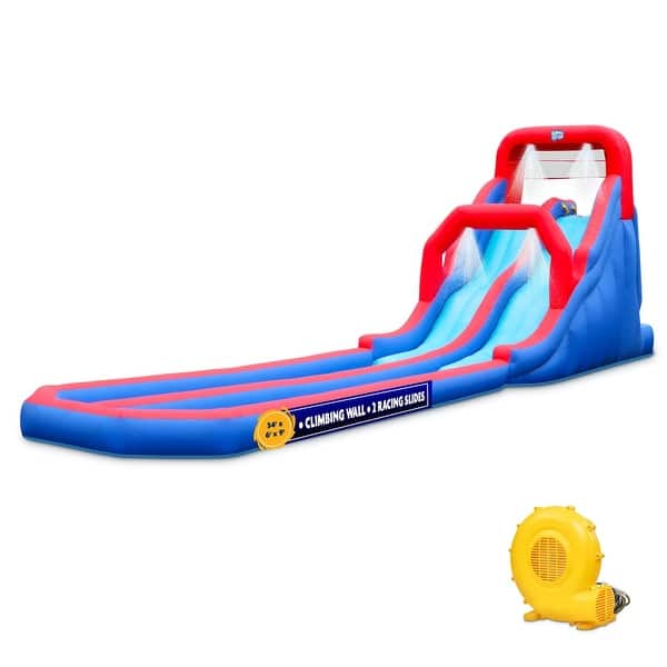 slide 2 of 8, Deluxe Inflatable Water Racing Slide Park - Heavy-Duty Nylon Bouncy Station - Climbing Wall, Two Slides & Splash Pool - Large