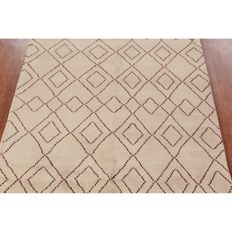 Hand Knotted Oriental 100% Wool Carpet Modern Geometric Beige & Ivories Moroccan Area Rug - 8' 0'' X 5' 0''