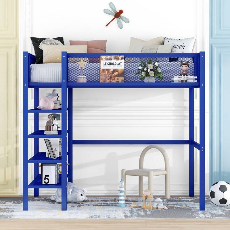 Metal Loft Bed with 4-Tier Shelves and Storage