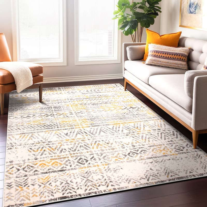 The Curated Nomad Midtown Geometric Distressed Bohemian Rug - 7'10" x 10' - Yellow
