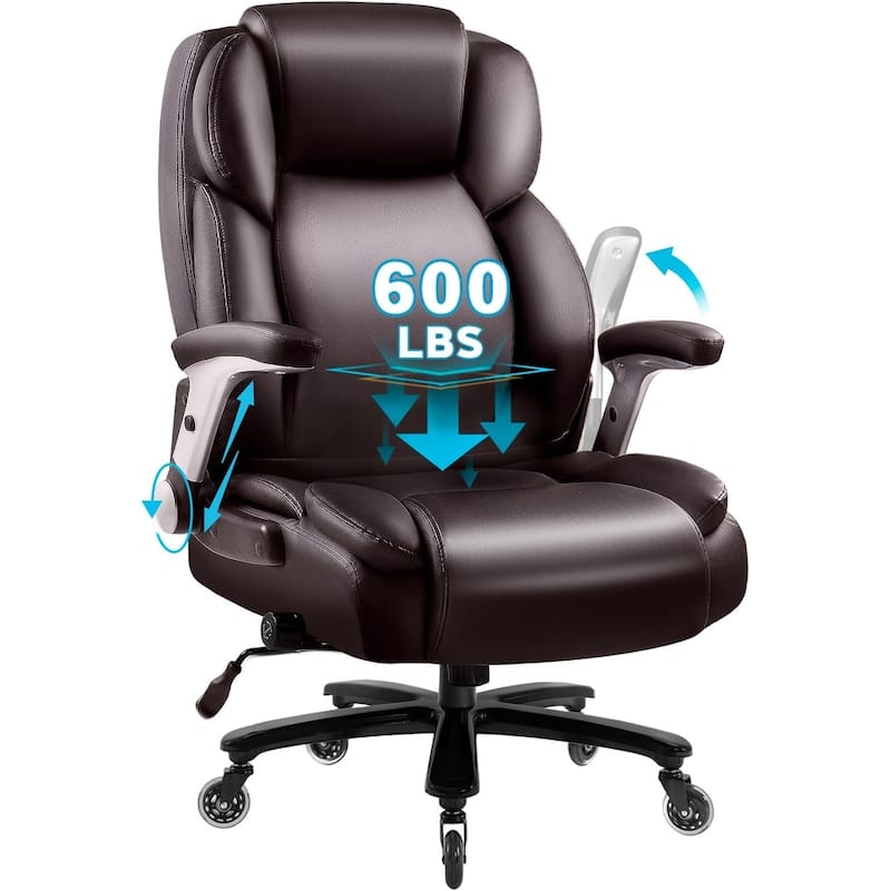 BOSSIN 600lbs Big and Tall Office Leather Chair with Flip up Armrest, Ergonomic Lumbar Support and Quiet Rubber Wheel - Brown