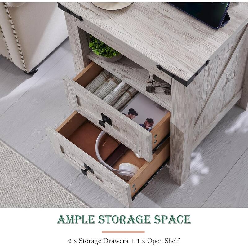 Farmhouse Nightstand Set of 2 with Charging Station, End Table