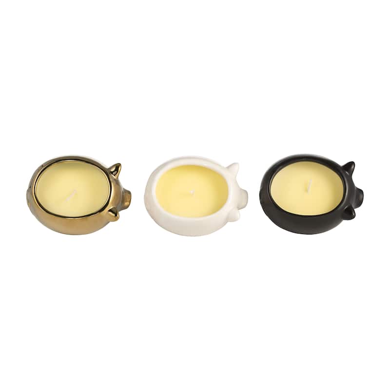 Set of Three 4"H 6" Diameter Gold, Ivory, and Black Colored Ceramic Pig Soy Candle 9oz Vanilla-scented for Indoor - 6" x 5" x 4"