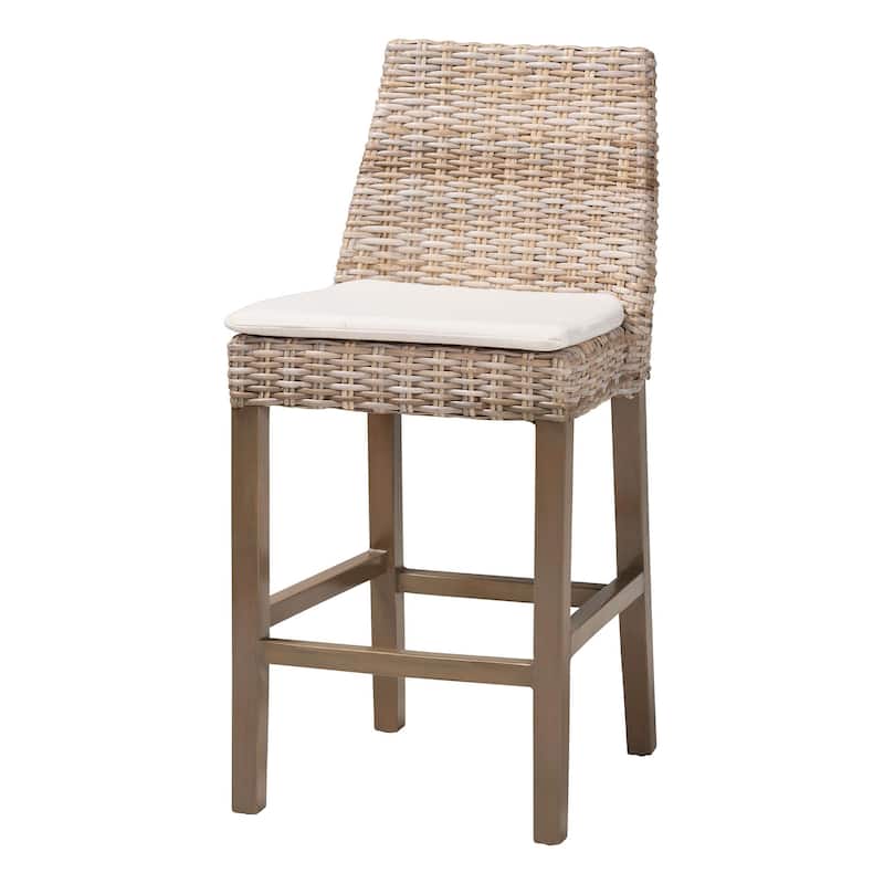 Toby Modern Bohemian Grey Kubu Rattan and Rustic Taupe Finished Mahogany Wood Counter Stool - Grey