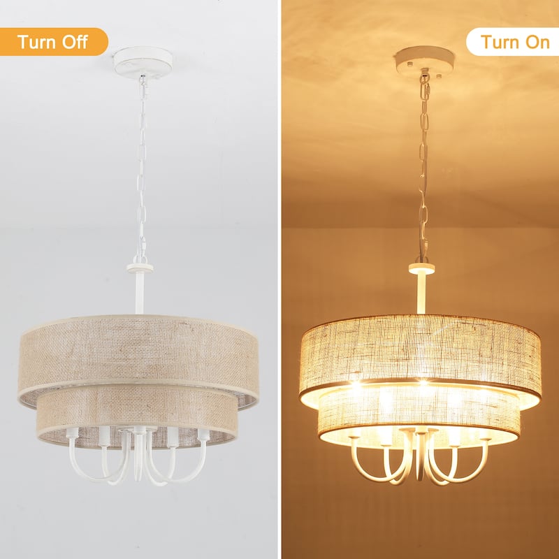 18.1-in 5-Light Farmhouse Rattan Pendant Light with 2-Tier Hand-Woven Drum Shade for multiple rooms