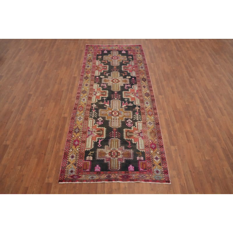 Hand Knotted Oriental 100% Wool Carpet Traditional Tribal Black Ardebil Runner Rug - 10' 6'' X 4' 3''