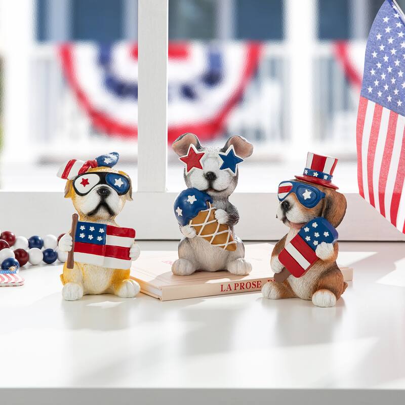 Glitzhome 4.5"H Set of 3 Patriotic Americana Resin Dogs Table Decor