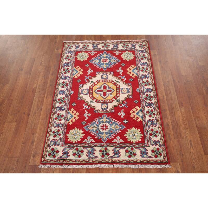 Red Geometric Kazak Pakistan Accent Rug Handmade Wool Carpet - 2'9" x 3'9"