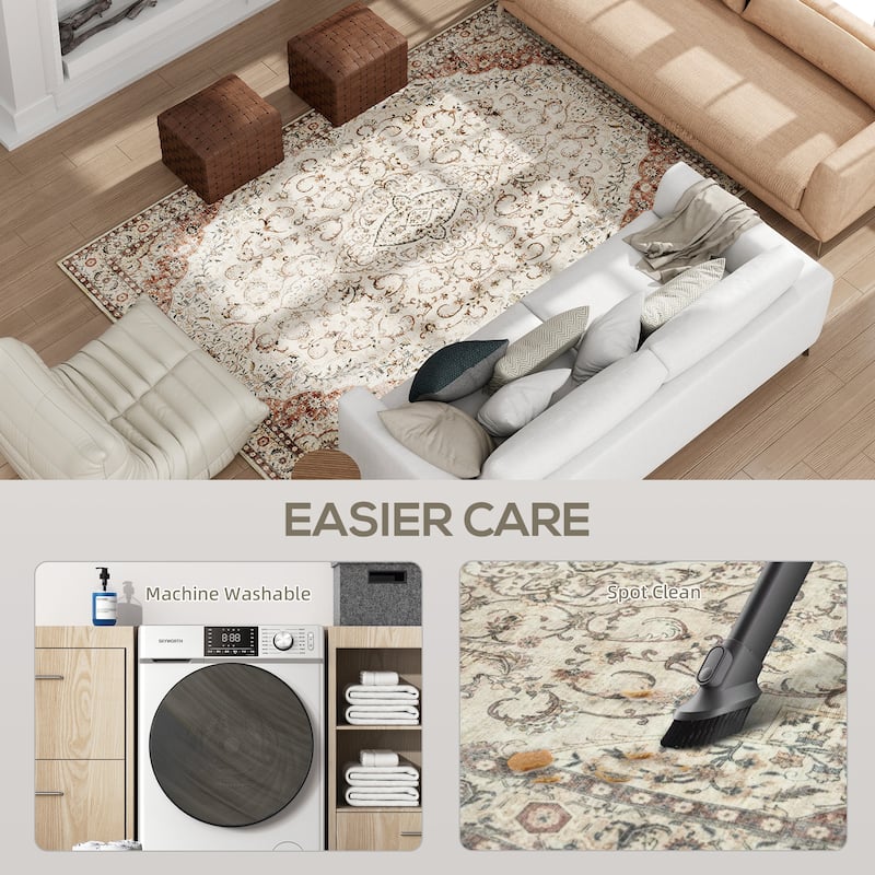 HOMCOM Area Rug 4x6, Machine Washable Rug, Non-Slip Classical Floral Print Floor Cover Foldable Carpet for Living Room - 3'6"