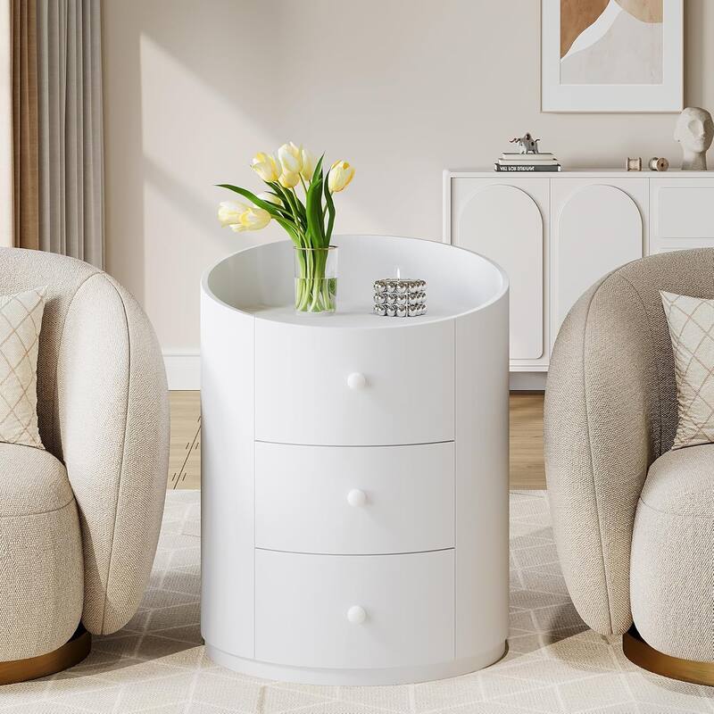 White Modern Wood Round End Sofa Side Table with 3 Drawers, Fully Assembled Nightstand