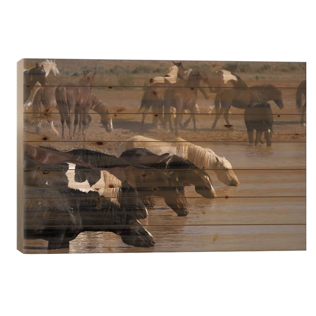 USA, Wyoming. Wild Horses Drink From Waterhole In Desert. Print On Wood by Jaynes Gallery - Multi-Color