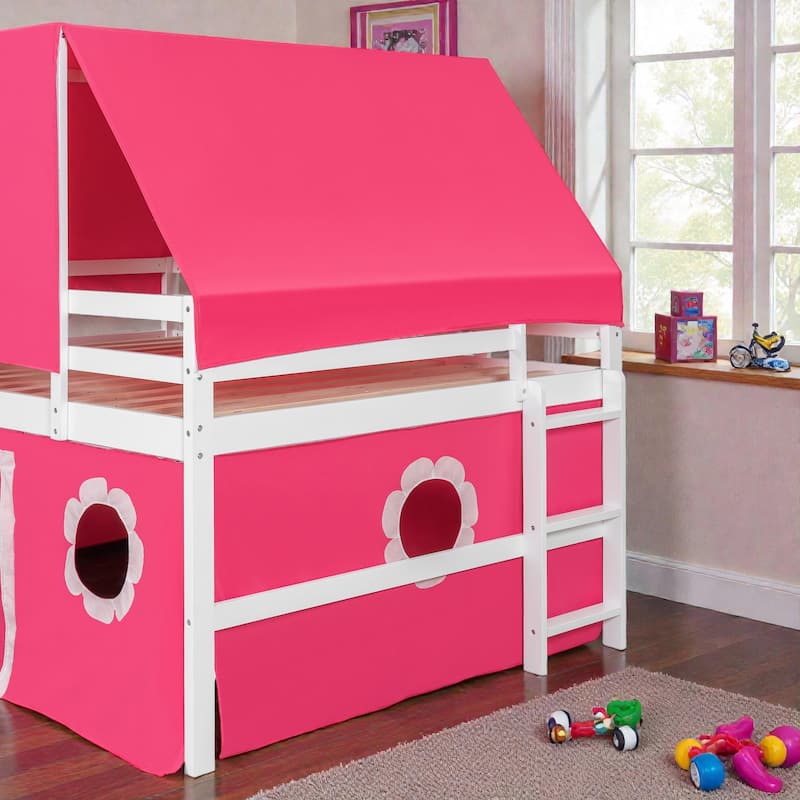 Kids Loft Bed with Slide, Tent and Tower, Solid Wood Castle Playhouse Loft