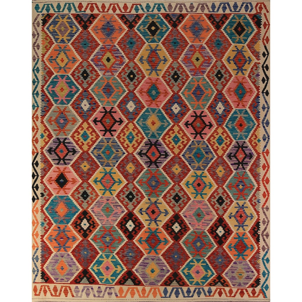 Geometric Kilim Oriental Area Rug Hand-Woven Multi-Color Wool Carpet - 8'9"x 9'7"