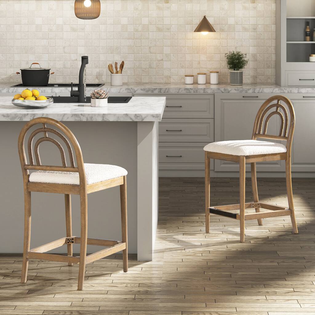 Arched Back Wood & Upholstered Counter Stool Set