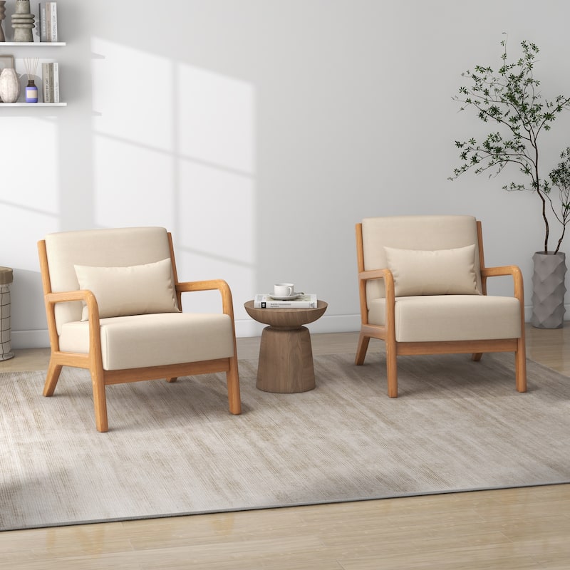 Mid-Century Modern Fabric Upholstered Wood Arm Chair - Beige-2Set