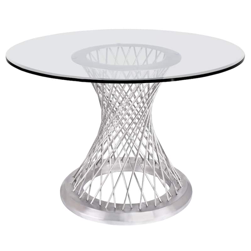 Round Glass Top Dining Table with Metal Mesh Base, Silver