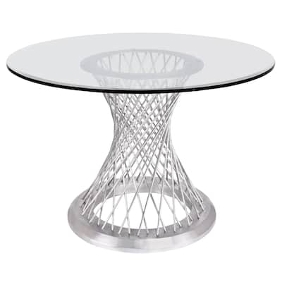 Round Glass Top Dining Table with Metal Mesh Base, Silver