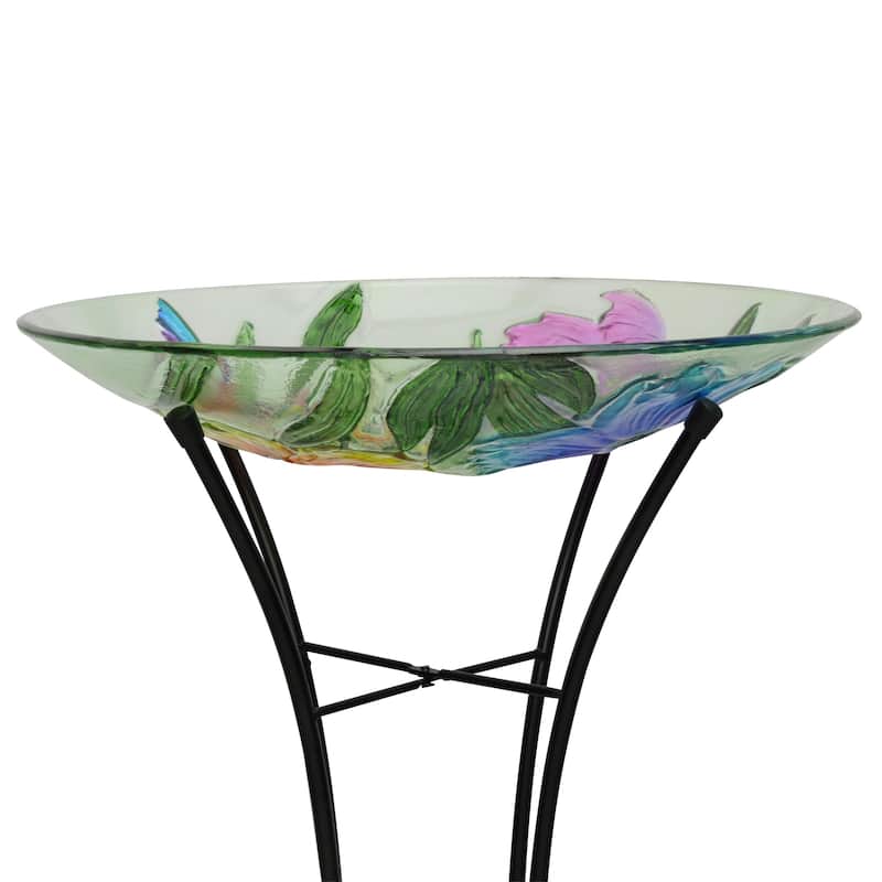 18" Glass Birdbath w/ Colorful Flowers w/ Metal Stand