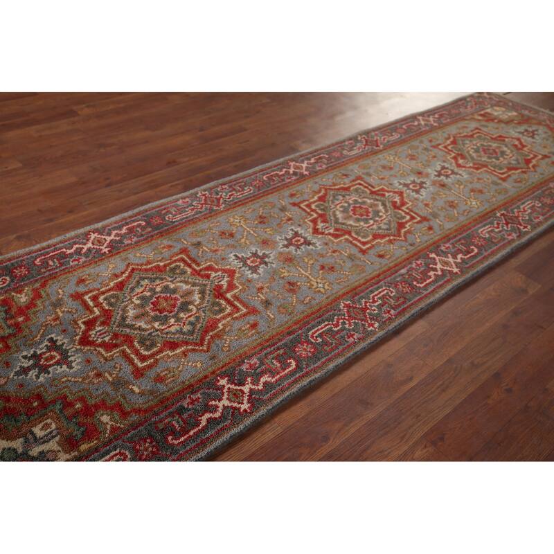 Gray Geometric Kazak Oriental Runner Rug Handmade Wool Carpet - 2'6"x 7'11"