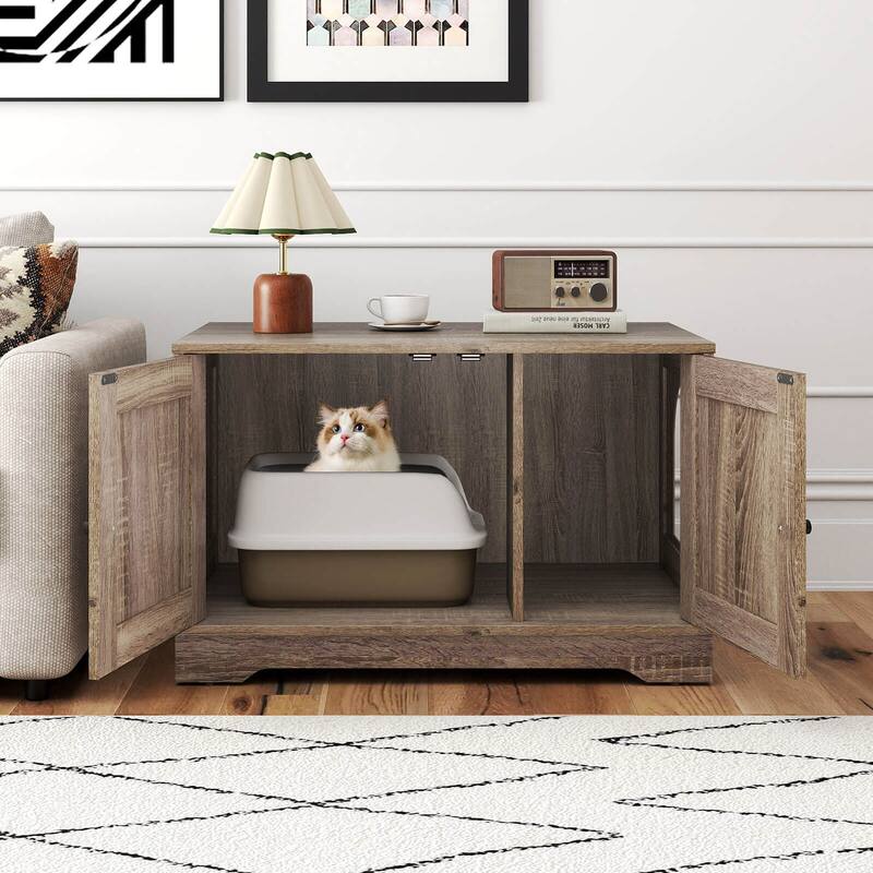 Costway Cat Litter Box Enclosure Furniture with Double Doors Divider - See Details
