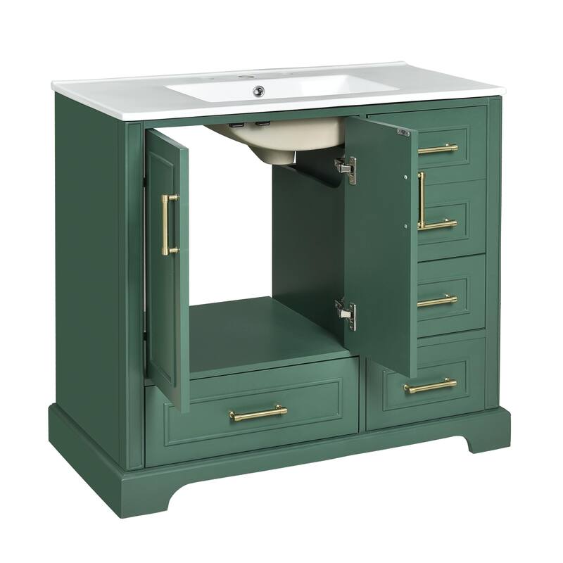 36" Bathroom Vanity with Ceramic Sink - Soft Close Doors and Four Storage Drawers