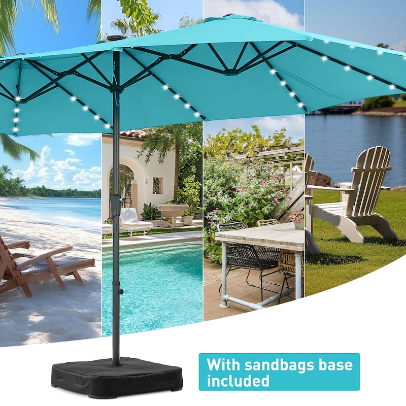15ft Patio Umbrella Outdoor Market Umbrella with Base and LED Lights