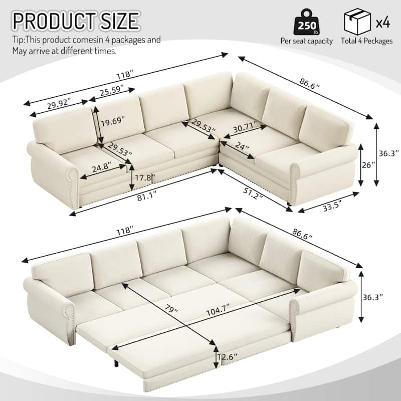 118" L-Shaped Sofa Couch with Pull-Out Bed with Nailhead Trim & Rolled Arm - 118"L x 86.6"W x 36.3"H