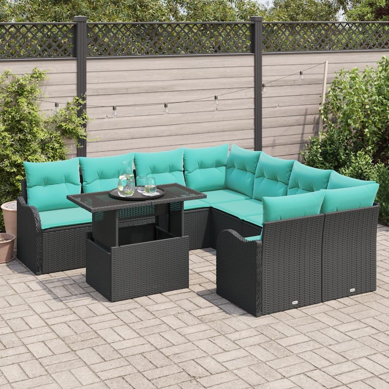 vidaXL 9 Garden Sofa Set with Cushions Black/Brown/Grey Poly Rattan - 91.5 x 92.1 x 27.2