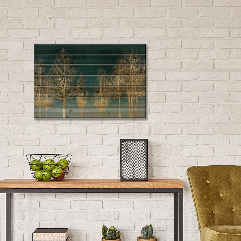 Gold Forest On Teal Print On Wood by Kate Bennett - Multi-Color