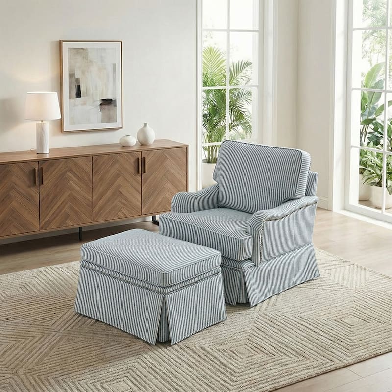 Chenille Swivel Accent Chair Storage Ottoman Set with Nailhead Trim Skirt