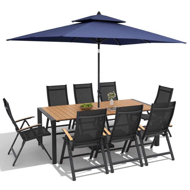 9/11-Piece Outdoor Patio Dining Set Aluminum Dining Table and Chairs w/10 ft Market Umbrella and Base
