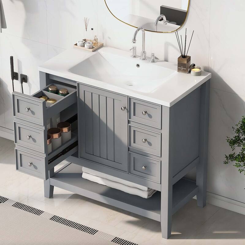 Bathroom Vanity with Sink,Cabinet,and Drawers,Open Shelf - Grey