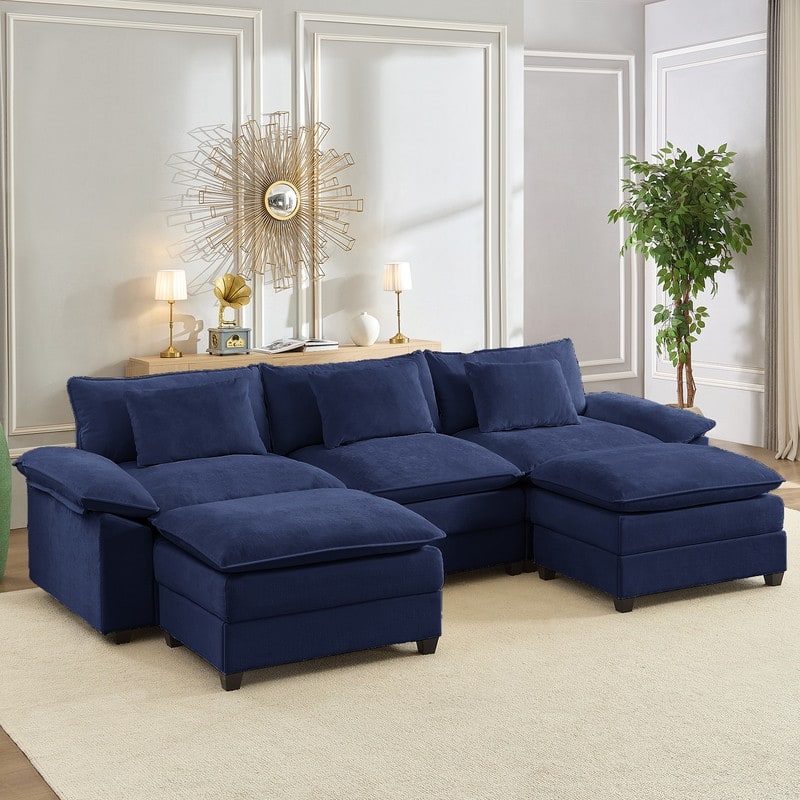Modern 118'' U-Shaped Modular Sectional Sofa with 2 Ottomans, 5-Seat Cloud Couch, Modern Chenille Sofa Sleeper Deep Seat Couches - Dark Blue - 3+2