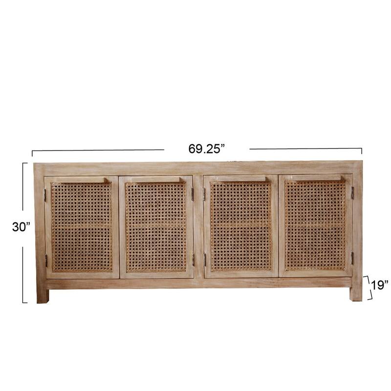 Mango Wood and Cane 4-Door Sideboard Cabinet