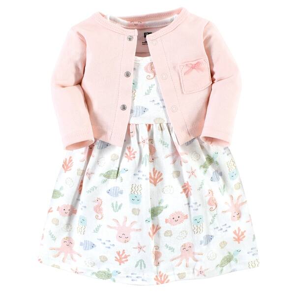 slide 1 of 1, Hudson Baby Baby Girl Cotton Dress and Cardigan Set, Pastel Sea 0-3 Months - Pastel Sea