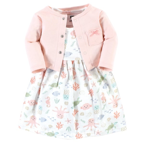 slide 1 of 1, Hudson Baby Toddler Girl Cotton Dress and Cardigan Set, Pastel Sea 2T - Pastel Sea