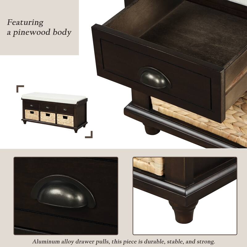 Storage Bench with Drawers and Rattan Baskets Entryway Shoe Bench