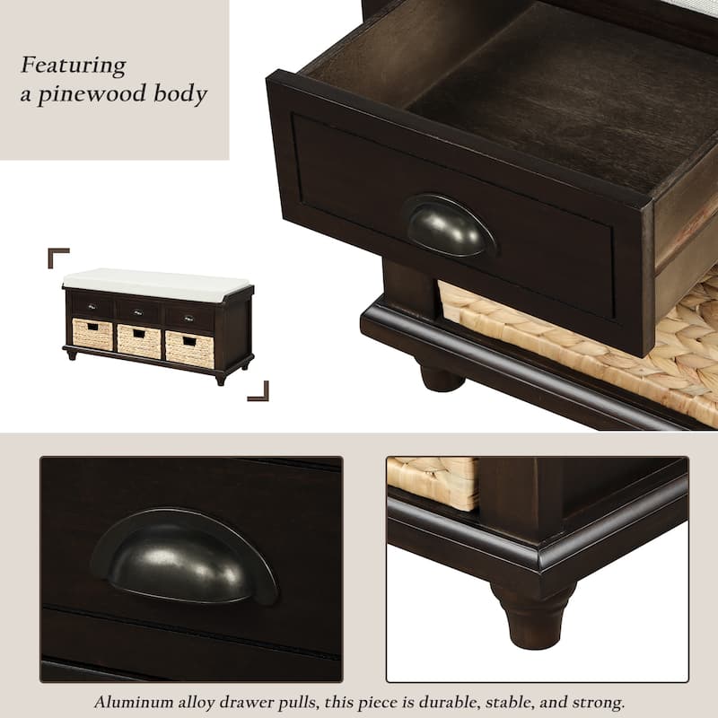 Wood Shoe Storage Bench with 6 Drawers(3 Rattan Front Pane) Entryway Shoe Bench End of Bed Bench with Removable Cushion
