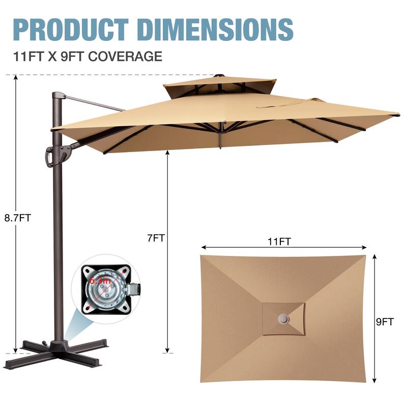 VredHom 9X11FT Outdoor Dual Wind Vent Offset Cantilever Patio Umbrella