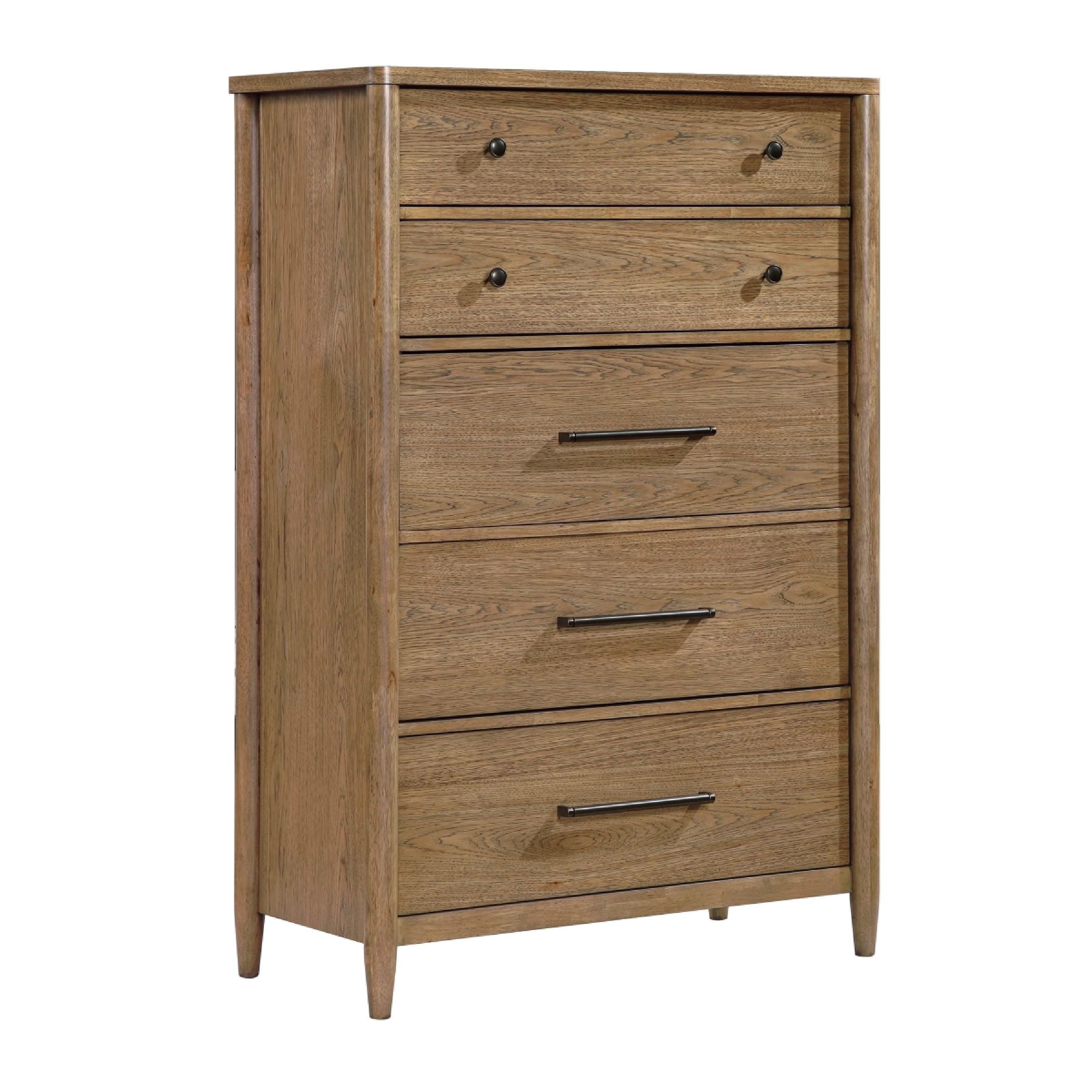 Seny Tall Dresser Chest, 5 Drawers, Antique Black Bar Pulls, Brown Hickory