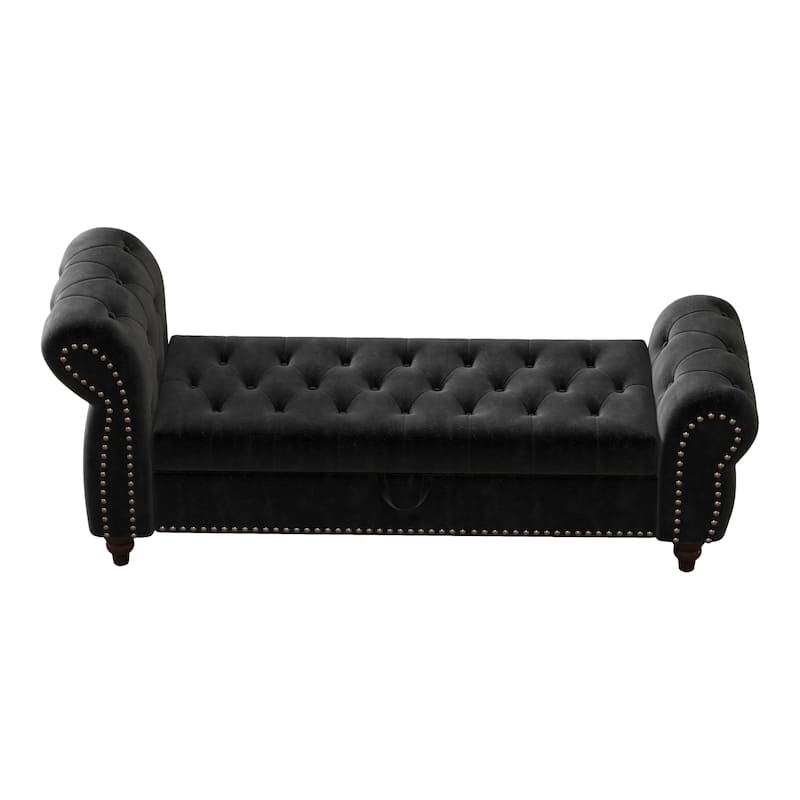 64.5" Bed Bench for Bed Room Nails Tufted Chaise of Lounge with Storage Velvet Upholstery Beige